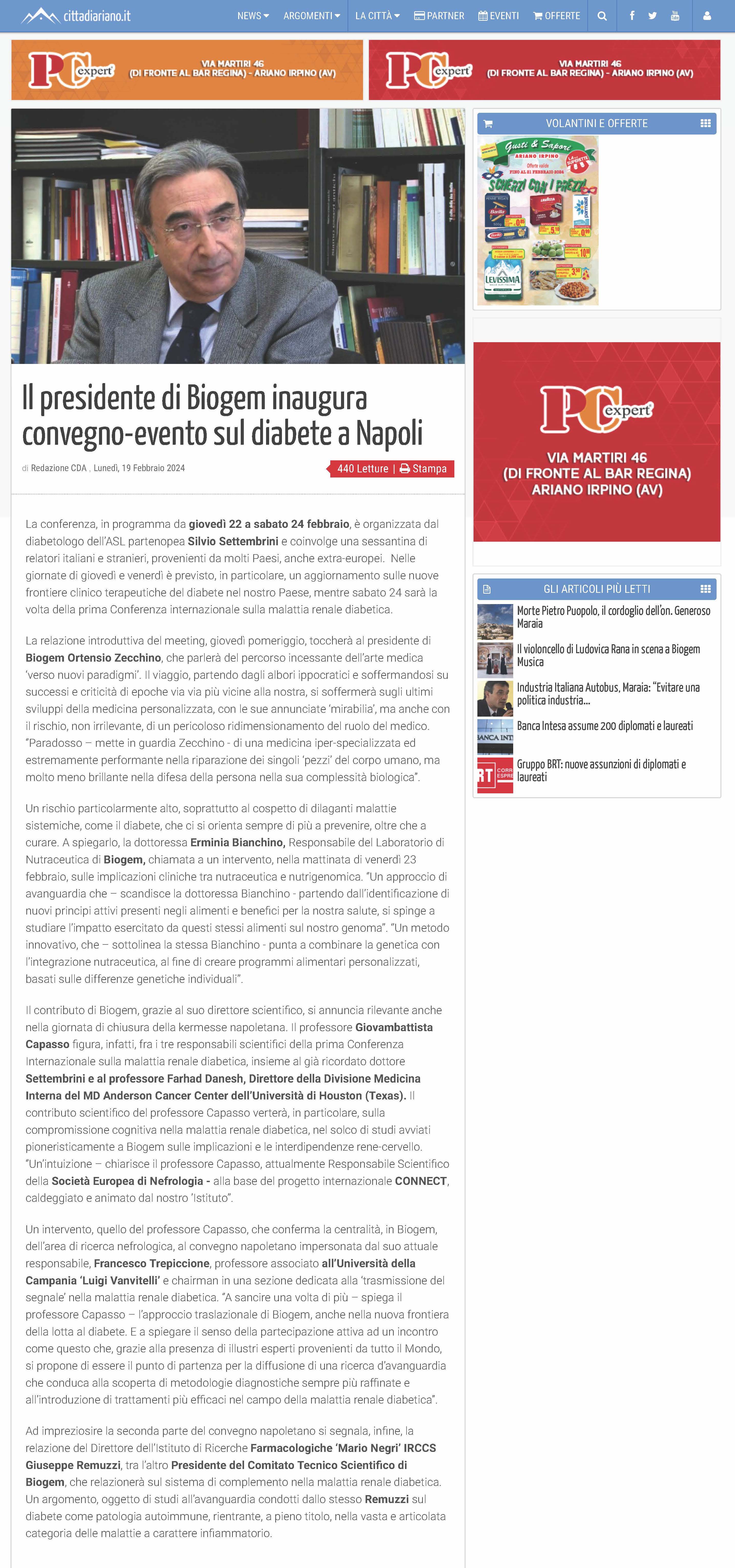 Il presidente di Biogem inaugura convegno-evento sul diabete a Napoli